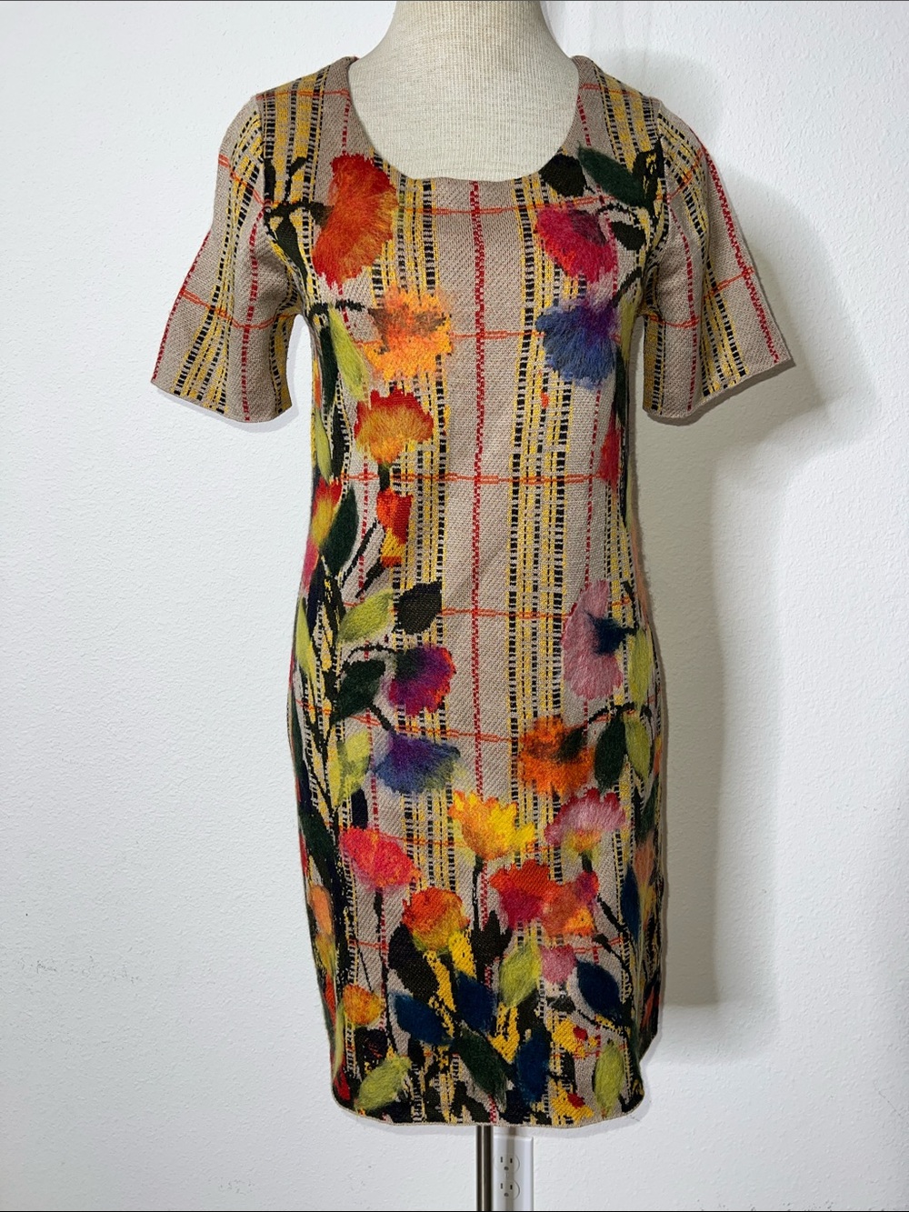 Troubadour Floral Plaid Knit Sheath Dress in Beige with Multicolor Floral Print
